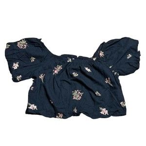 American Eagle Black Floral Embroidered Bubble  Crop Top Puff Sleeves Si…